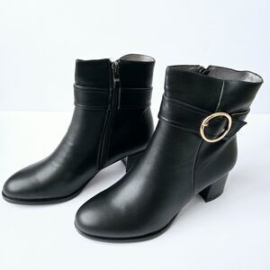 Numaleo Womens Size 7 Pointed Toe Boot Ankle Booties Gold Buckle Faux Leather